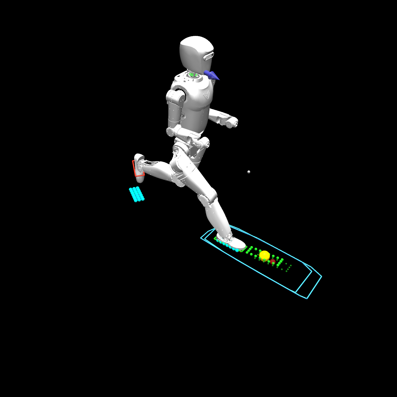 Gap crossing terrain, debug view with foothold markers.